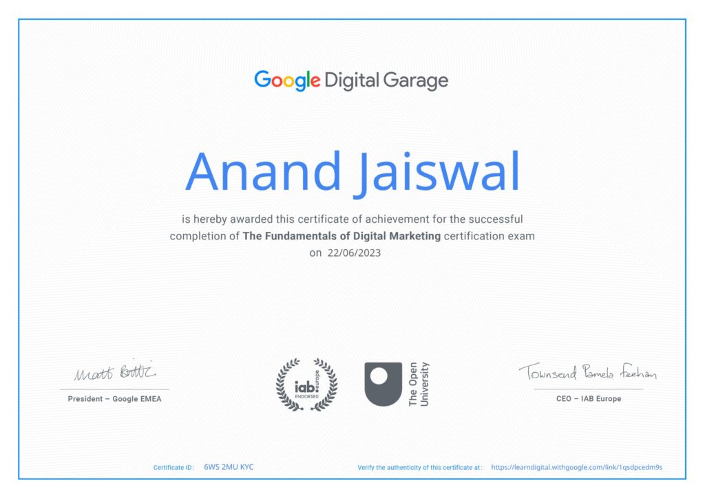 Google Certificate for Advance Digital Marketing Course